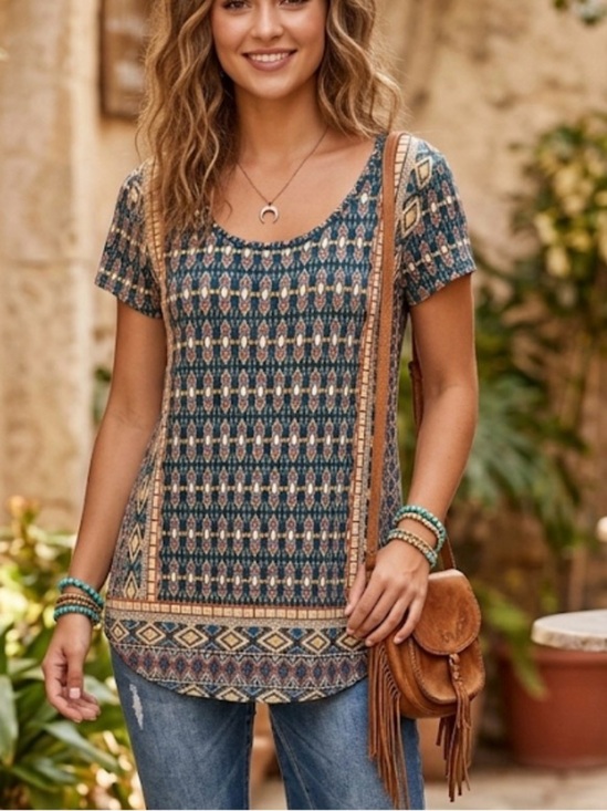 Lucky Brand Tops - LUCKY BRAND Med Boho Tribal Lightweight Panel Print Short Sleeve Top